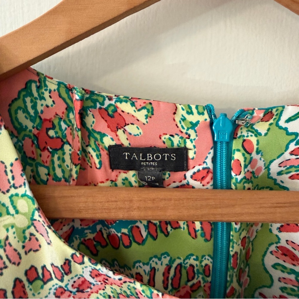 Petite Silk Dress 12P Talbots Blue Green Midi Cruise Travel Church - Picture 4 of 6